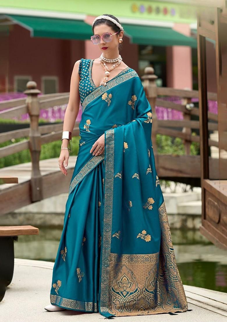 Blue Woven Design Poly Blend Saree Set With Blouse