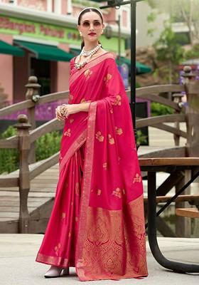Red Woven Design Poly Blend Saree Set With Blouse