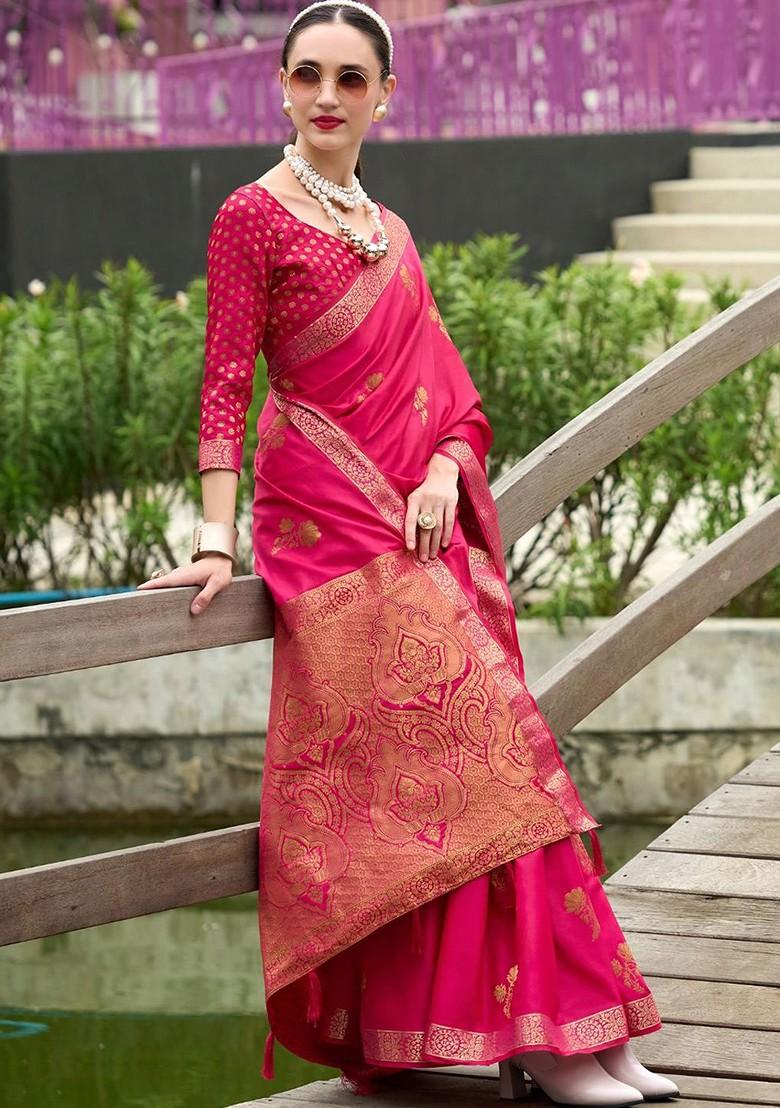 Red Woven Design Poly Blend Saree Set With Blouse