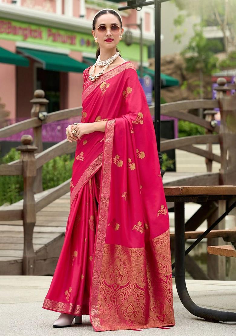 Red Woven Design Poly Blend Saree Set With Blouse