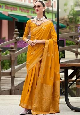 Yellow Woven Design Poly Blend Saree Set With Blouse
