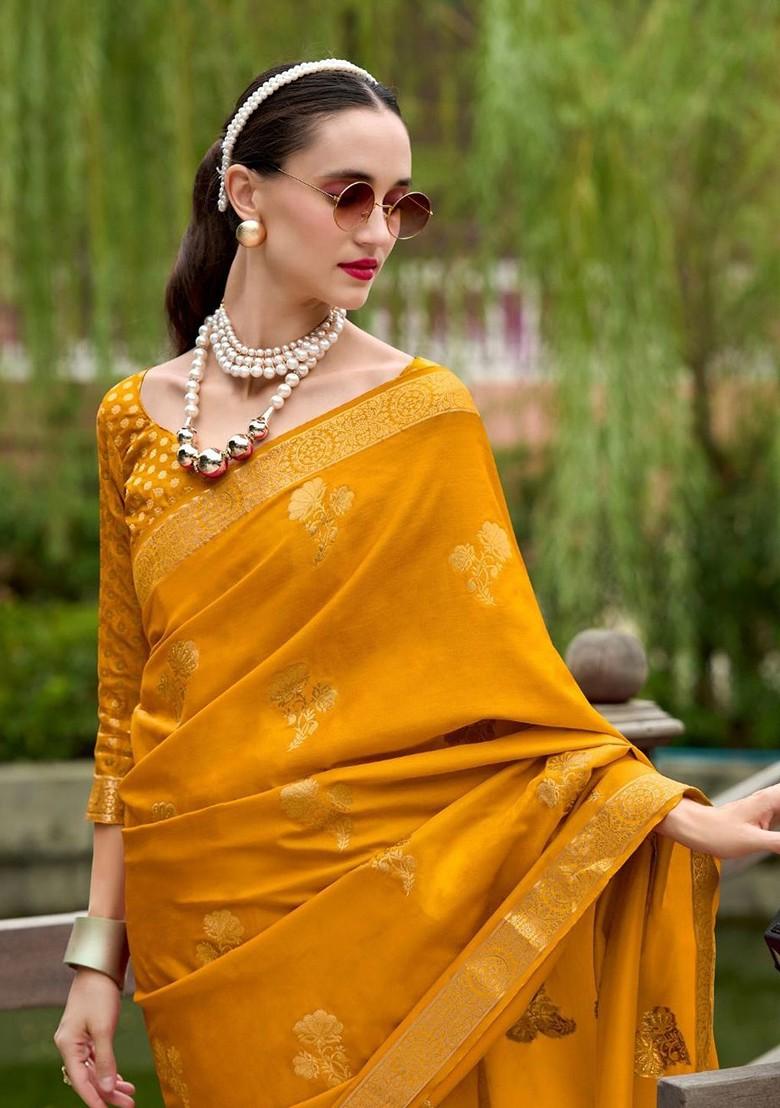 Yellow Woven Design Poly Blend Saree Set With Blouse