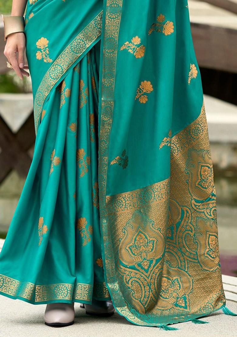Turquoise Blue Woven Design Poly Blend Saree Set With Blouse