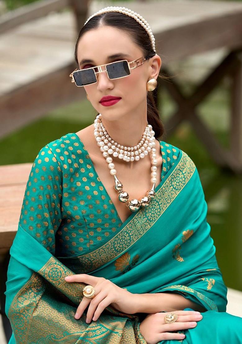 Turquoise Blue Woven Design Poly Blend Saree Set With Blouse