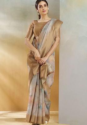 Beige Embroidered Poly Blend Saree Set With Blouse