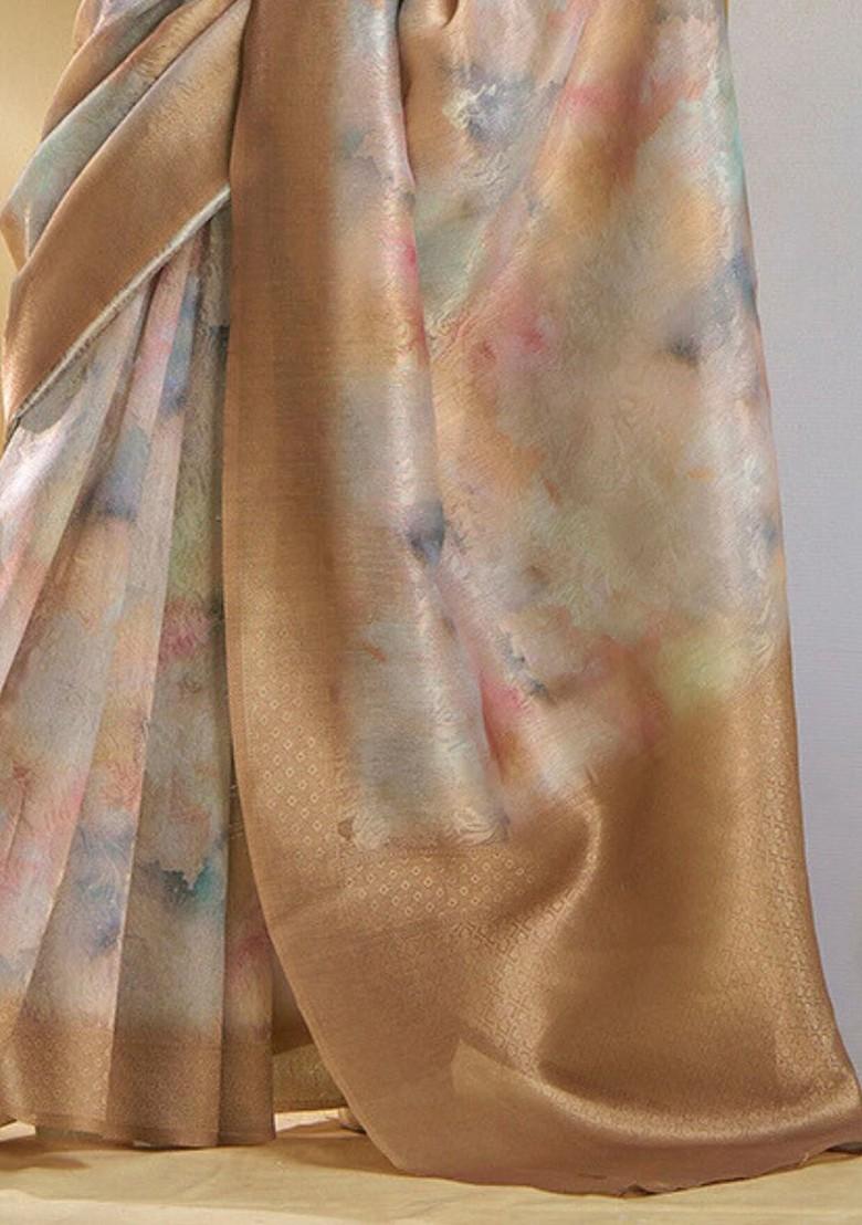 Beige Embroidered Poly Blend Saree Set With Blouse