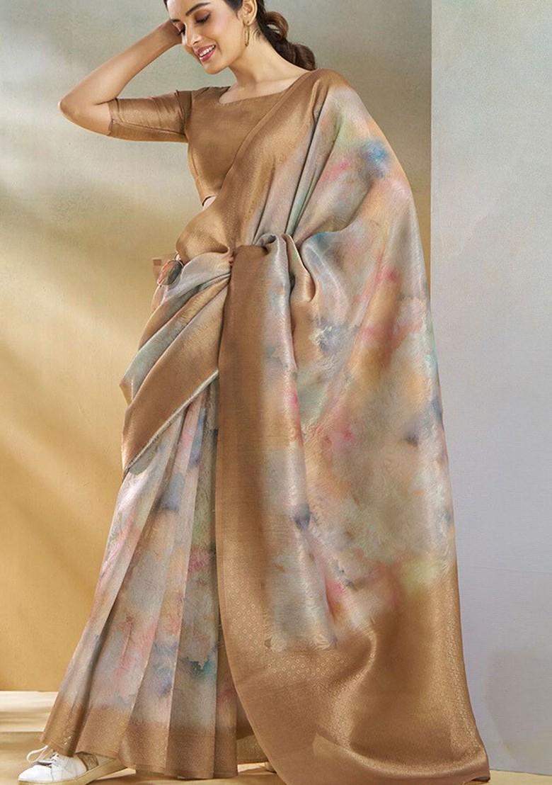 Beige Embroidered Poly Blend Saree Set With Blouse