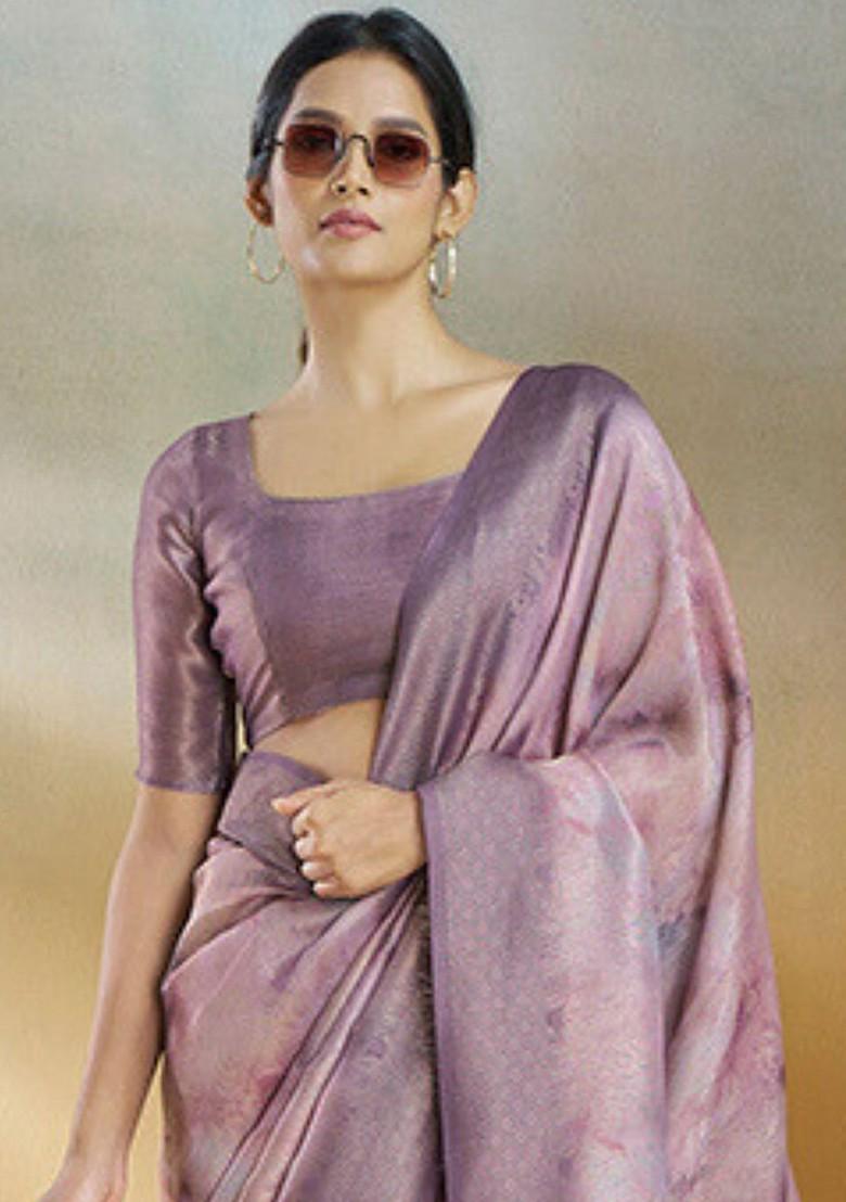 Lavender Embroidered Poly Blend Saree Set With Blouse