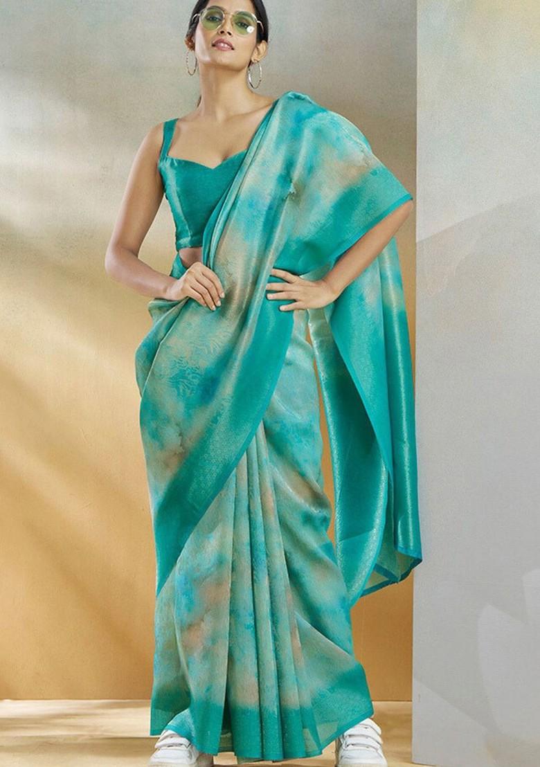 Turquoise Blue Embroidered Poly Blend Saree Set With Blouse