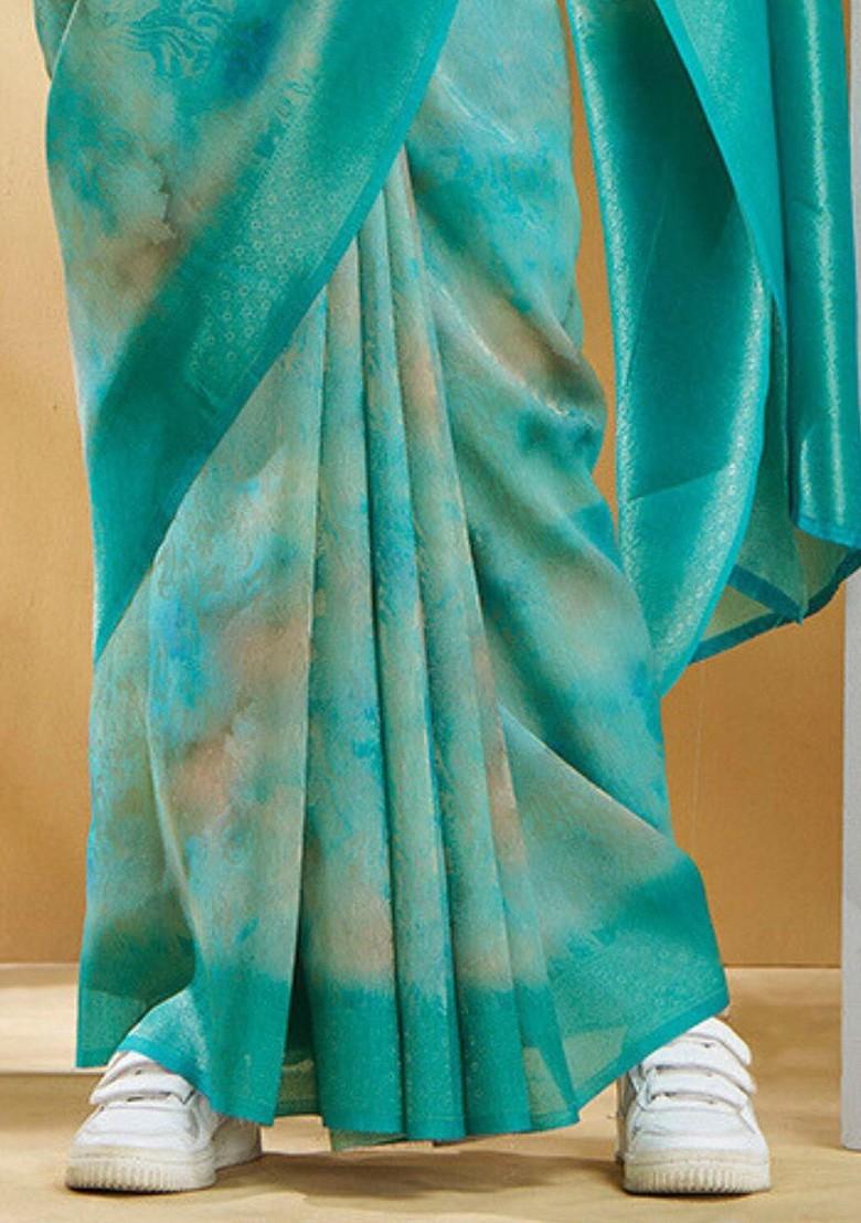 Turquoise Blue Embroidered Poly Blend Saree Set With Blouse