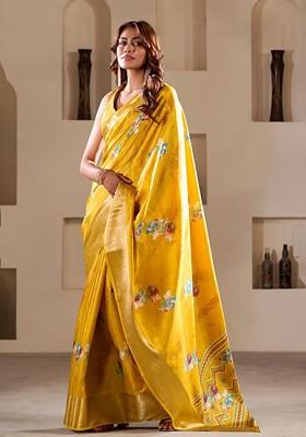 Yellow Printed Poly Blend Saree Set With Blouse