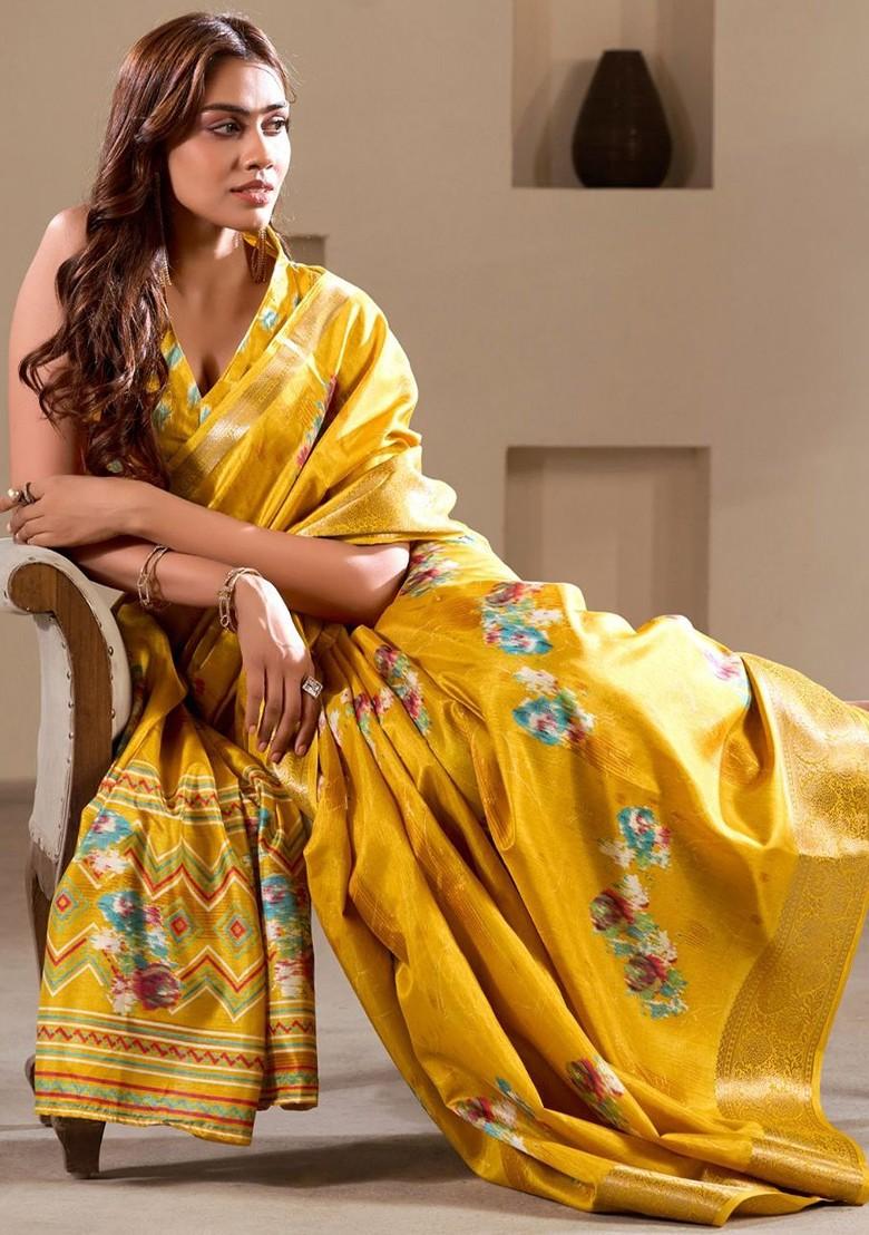 Yellow Printed Poly Blend Saree Set With Blouse