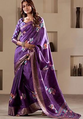 Purple Printed Poly Blend Saree Set With Blouse