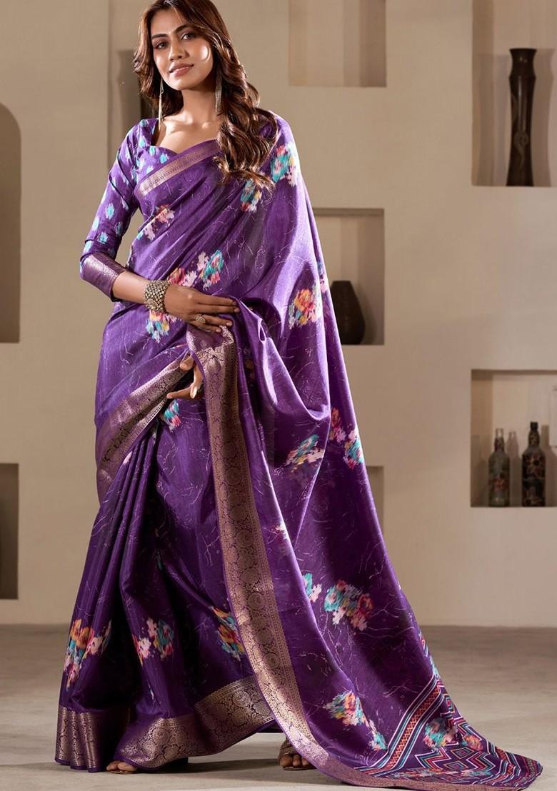 Purple Printed Poly Blend Saree Set With Blouse