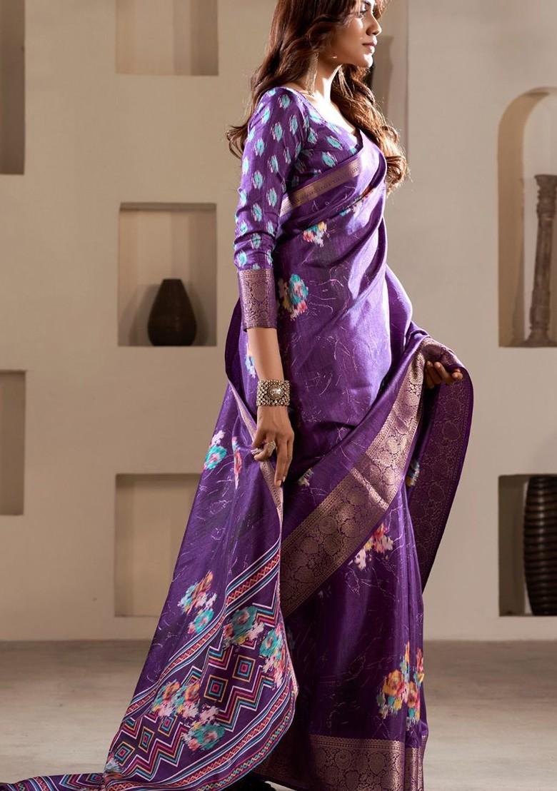 Purple Printed Poly Blend Saree Set With Blouse