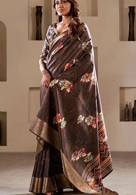 Coffee Brown Printed Poly Blend Saree Set With Blouse
