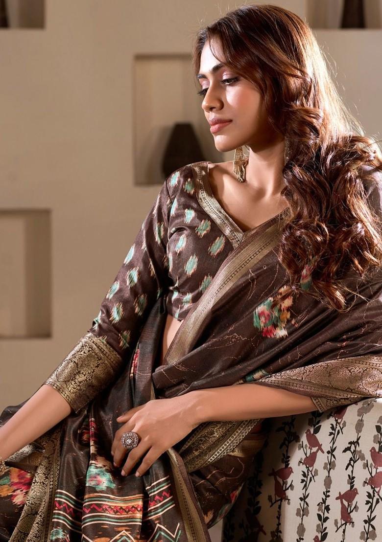 Coffee Brown Printed Poly Blend Saree Set With Blouse