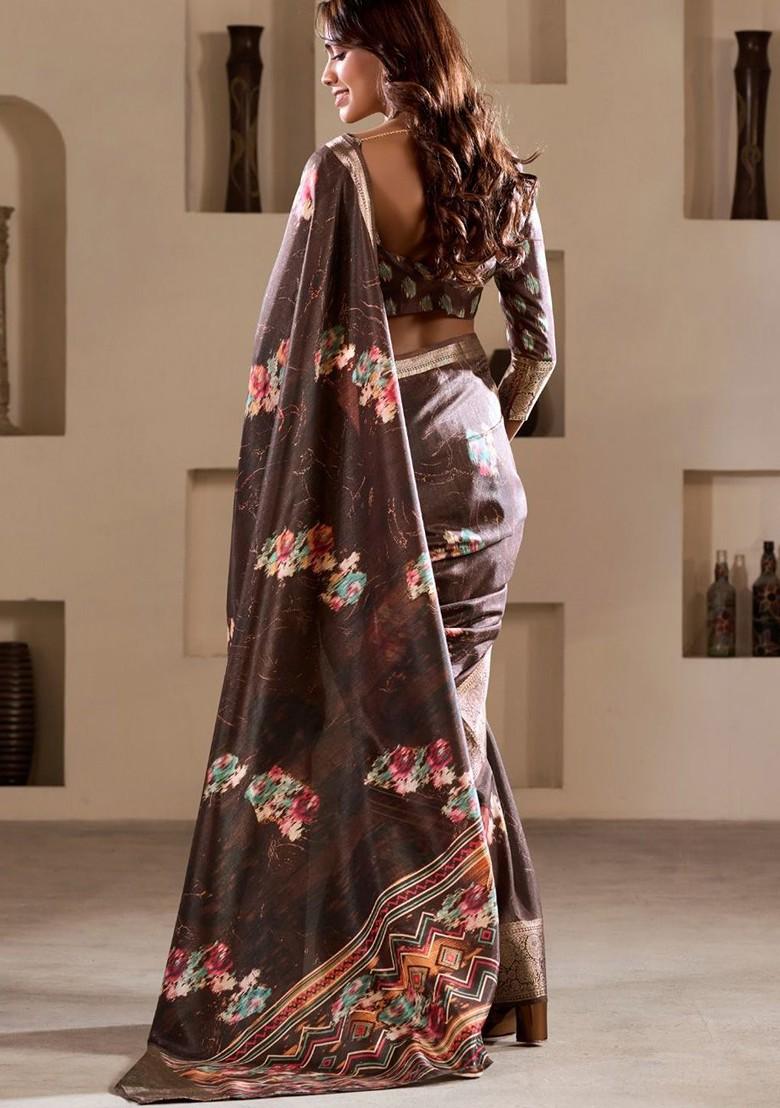 Coffee Brown Printed Poly Blend Saree Set With Blouse