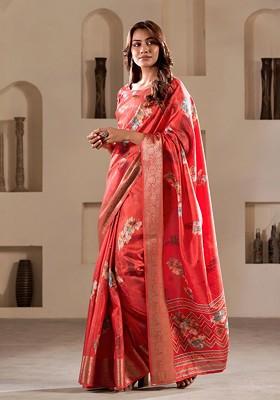 Orange Printed Poly Blend Saree Set With Blouse