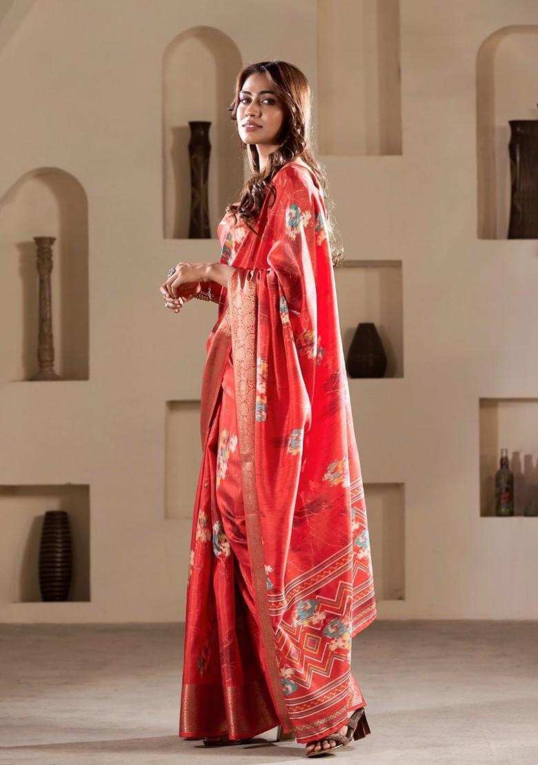 Orange Printed Poly Blend Saree Set With Blouse