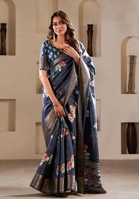 Grey Printed Poly Blend Saree Set With Blouse