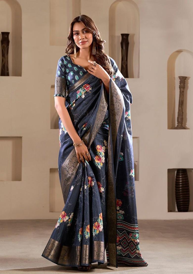 Grey Printed Poly Blend Saree Set With Blouse