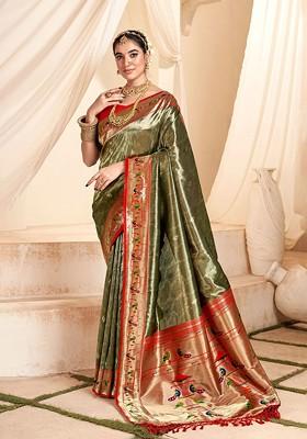 Green Woven Design Poly Blend Saree Set With Blouse