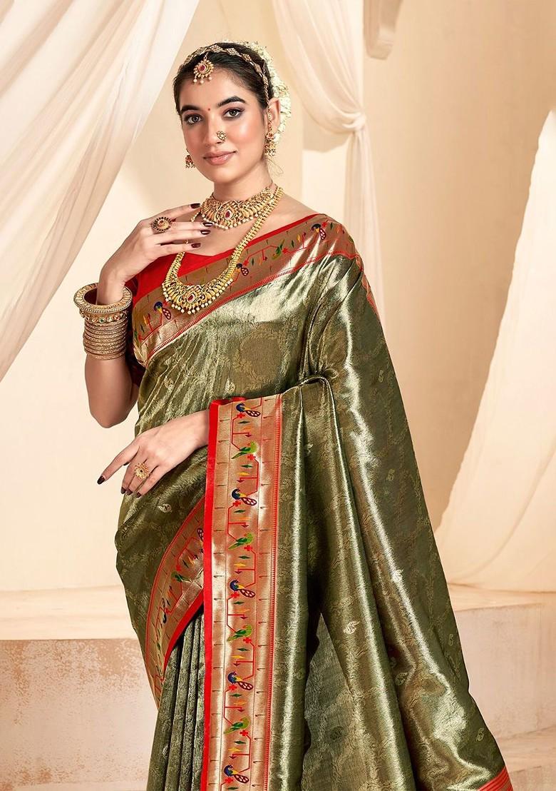 Green Woven Design Poly Blend Saree Set With Blouse