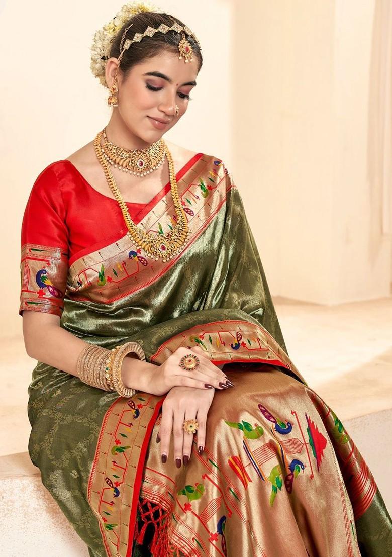Green Woven Design Poly Blend Saree Set With Blouse