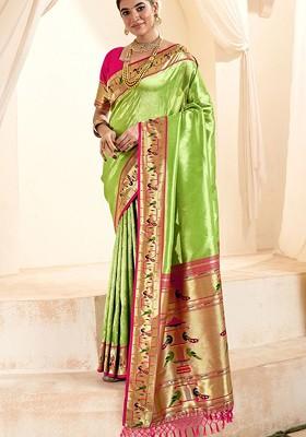 Lime Green Embroidered Poly Blend Saree Set With Blouse