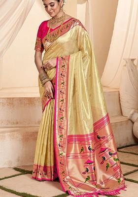 Cream Embroidered Poly Blend Saree Set With Blouse