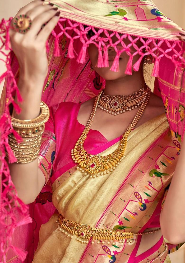 Cream Embroidered Poly Blend Saree Set With Blouse