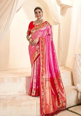 Pink Woven Design Poly Blend Saree Set With Blouse