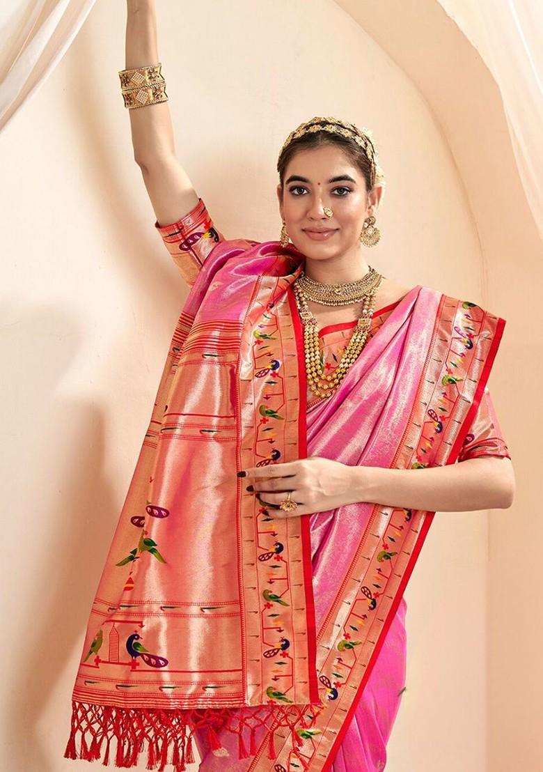 Pink Woven Design Poly Blend Saree Set With Blouse
