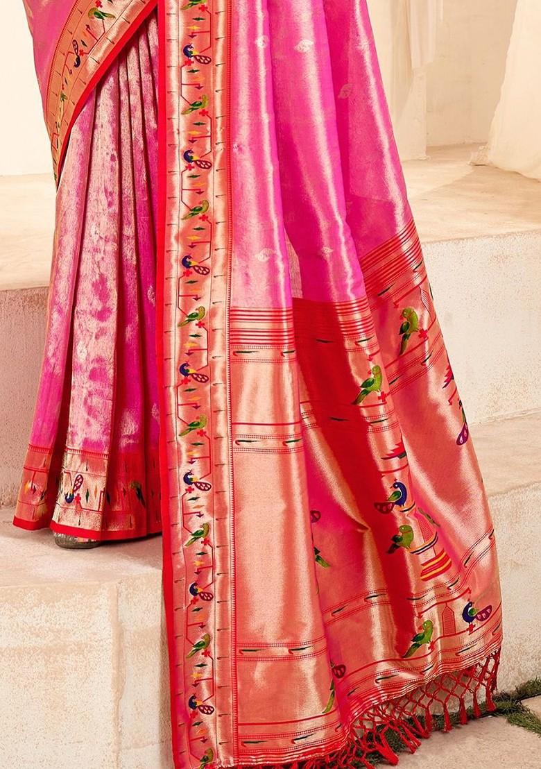 Pink Woven Design Poly Blend Saree Set With Blouse