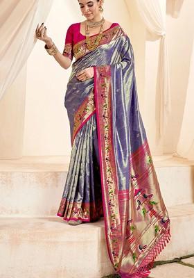 Blue Woven Design Poly Blend Saree Set With Blouse