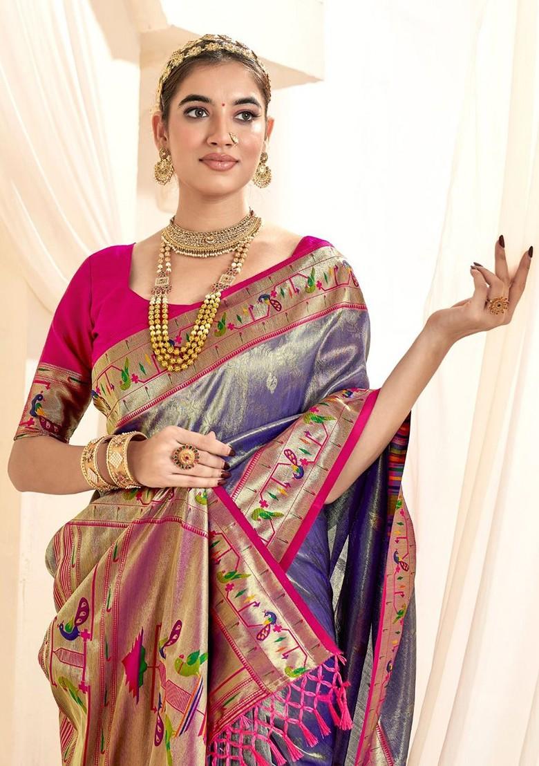 Blue Woven Design Poly Blend Saree Set With Blouse