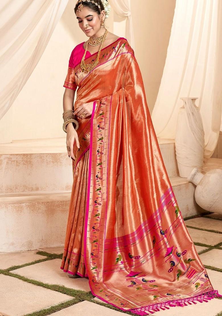 Orange Woven Design Poly Blend Saree Set With Blouse