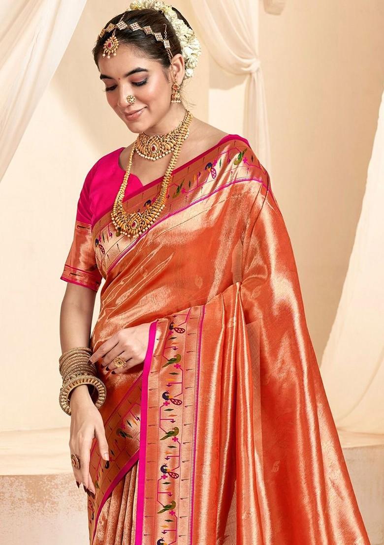 Orange Woven Design Poly Blend Saree Set With Blouse