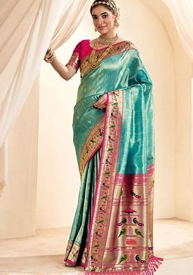 Turquoise Blue Embroidered Poly Blend Saree Set With Blouse