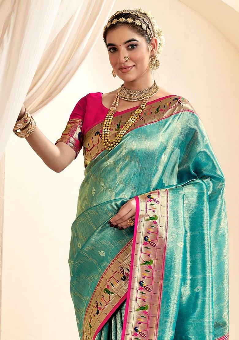 Turquoise Blue Embroidered Poly Blend Saree Set With Blouse
