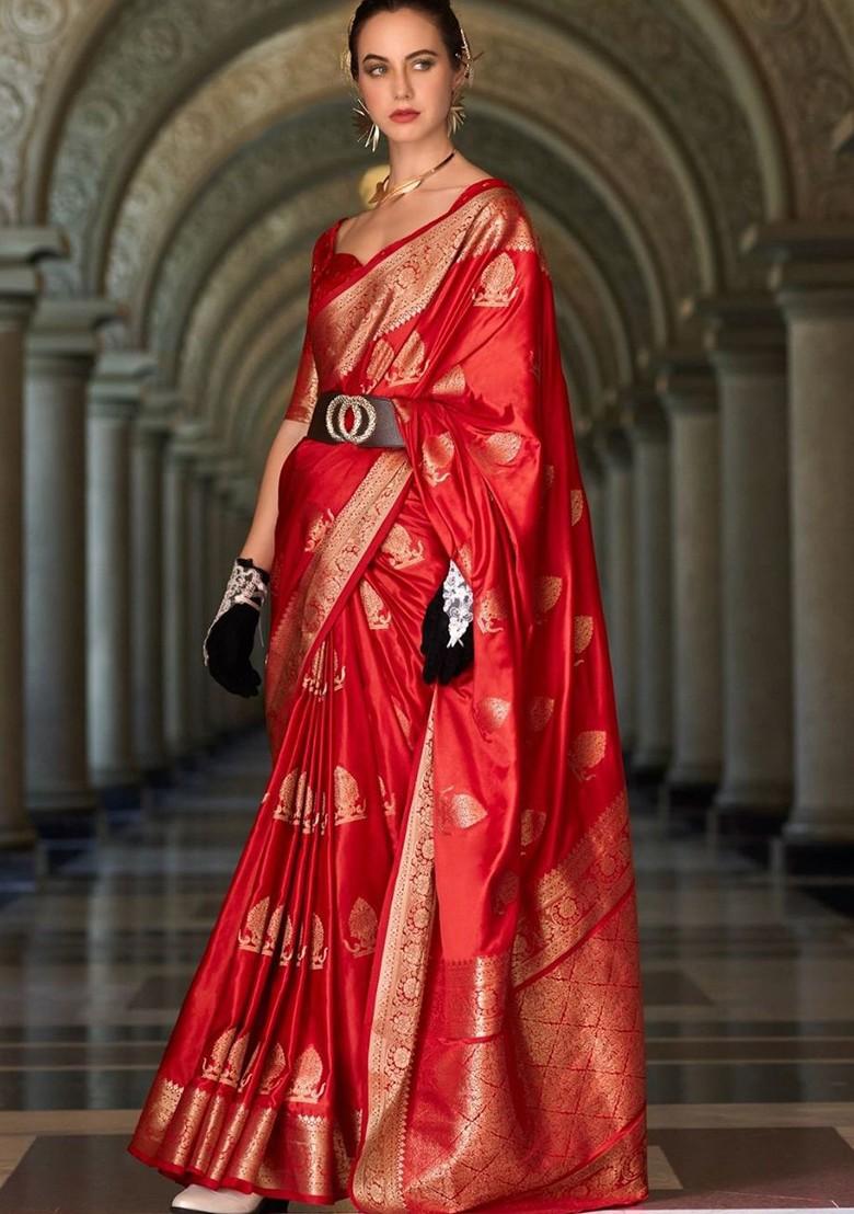 Red Woven Design Poly Blend Saree Set With Blouse