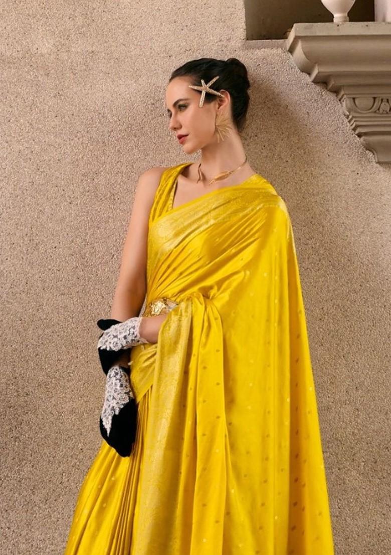 Yellow Embroidered Poly Blend Saree Set With Blouse