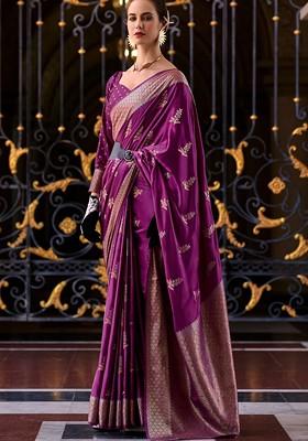 Purple Woven Design Poly Blend Saree Set With Blouse