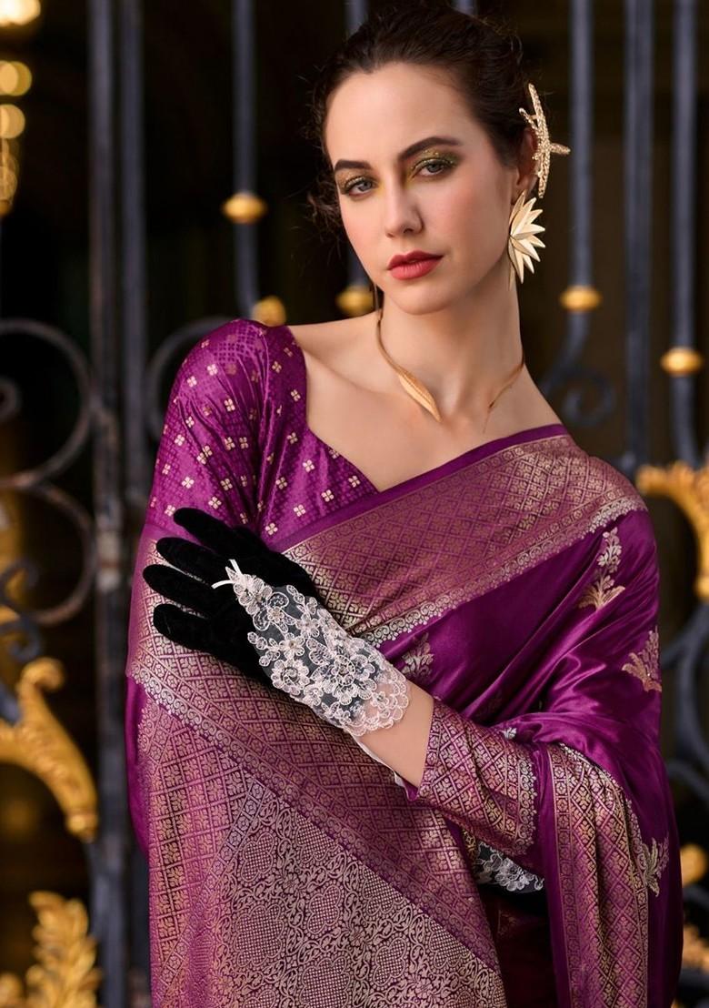 Purple Woven Design Poly Blend Saree Set With Blouse