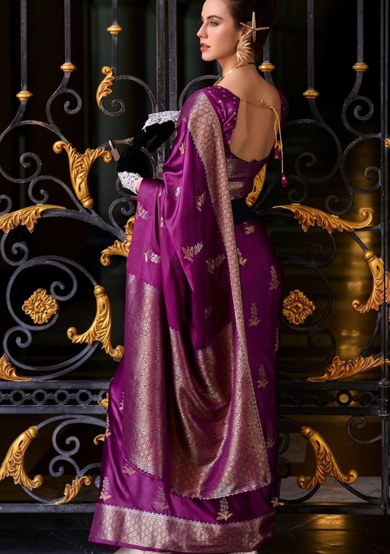 Purple Woven Design Poly Blend Saree Set With Blouse
