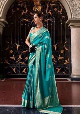 Turquoise Blue Woven Design Poly Blend Saree Set With Blouse