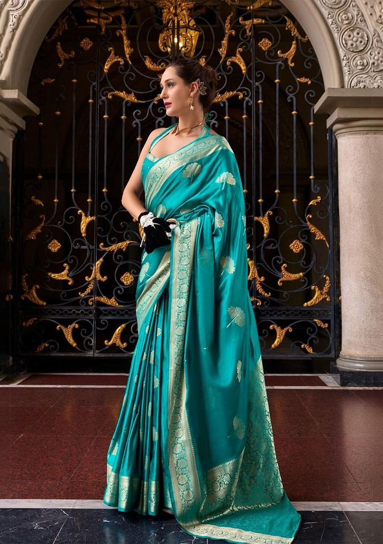 Turquoise Blue Woven Design Poly Blend Saree Set With Blouse