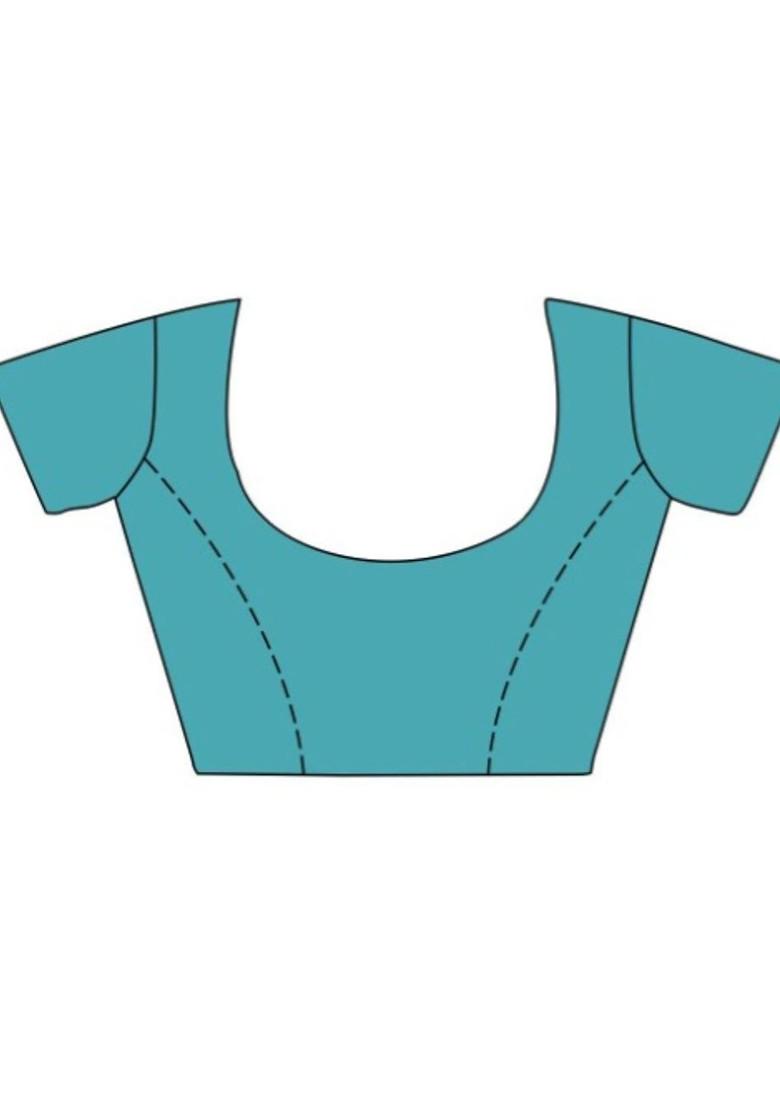 Turquoise Blue Woven Design Poly Blend Saree Set With Blouse