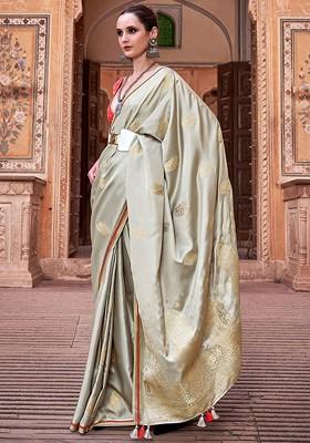 Grey Embroidered Poly Blend Saree Set With Blouse